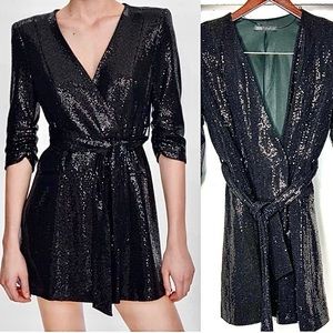 NWT Zara black shiny / sequined blazer mini dress sequin L